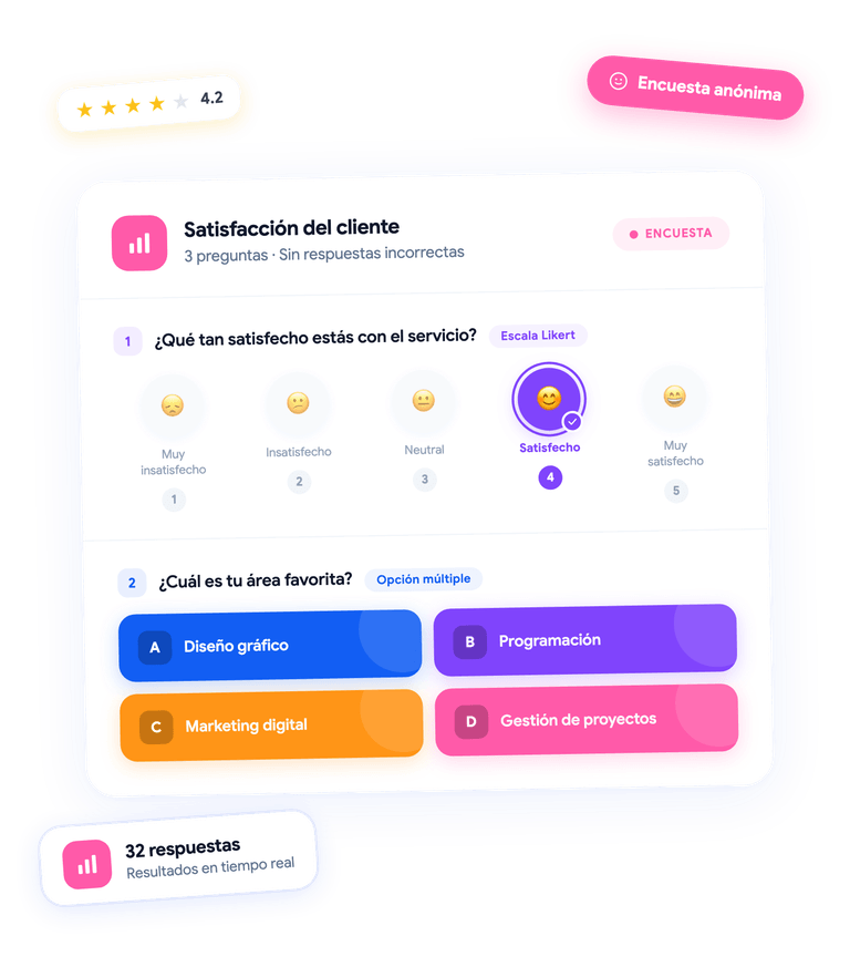 Mockup de encuesta interactiva con preguntas de escala Likert y opción múltiple para recopilar opiniones