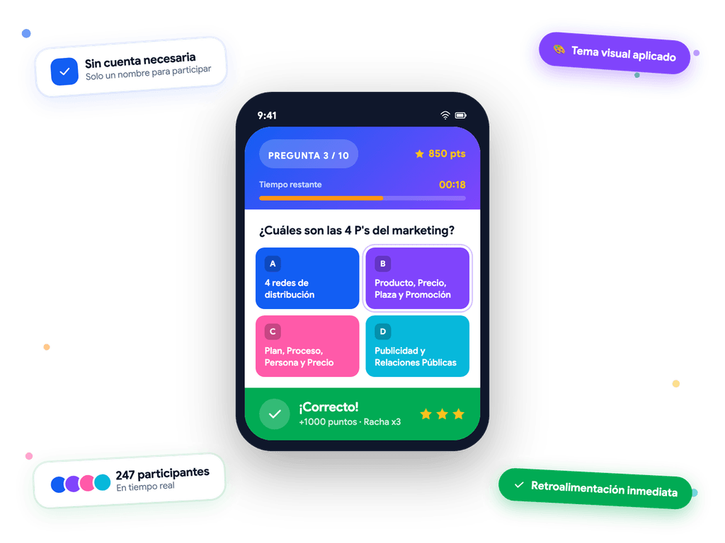 Interfaz interactiva de quiz en dispositivo móvil con tema visual personalizado y efectos de sonido