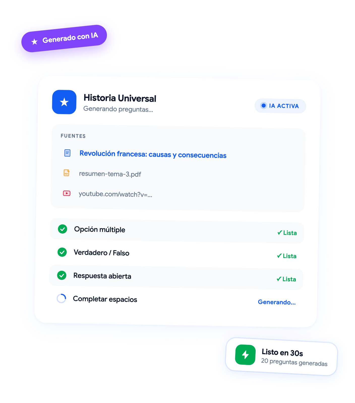 Mockup del generador de exámenes con IA: tema Historia Universal, fuentes PDF y YouTube, 4 tipos de preguntas generándose automáticamente
